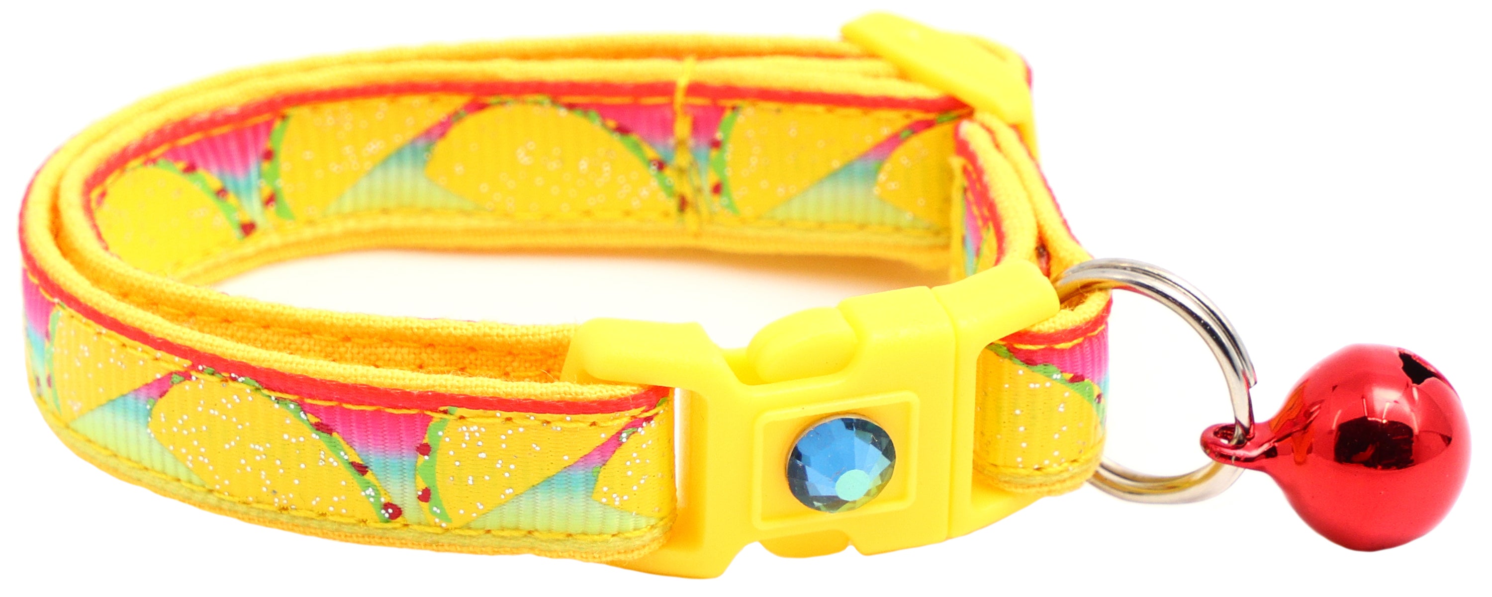 Handmade Taco Breakaway Cat Collar in reinforced cotton with breakaway clips and customizable features.